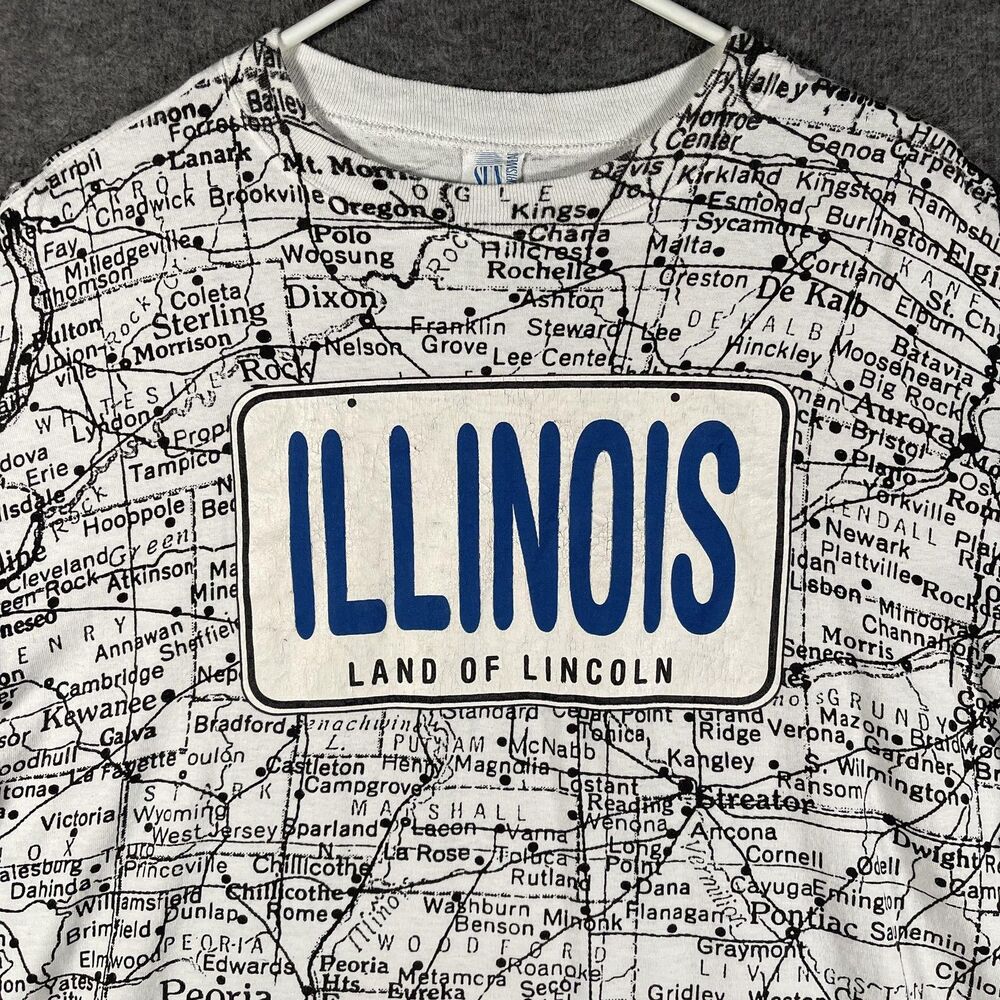 Vintage Sun Sportswear Shirt Mens 2XL White Illinois Map All Over Print USA 90s